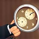 Symbol einer Vergrößerungsoptik über einem Chronometer